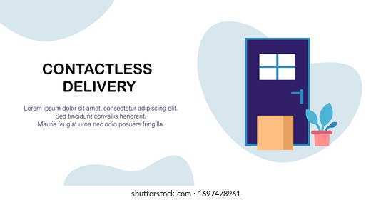 Contactless delivery. Landing page template of delivery service, courier service, goods shipping, food online ordering in flat vector.Package is next to the door to the house in flat style