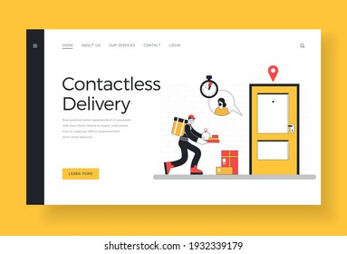 Contactless delivery. Landing page website banner vector template. Cartoon character delivery man in protective mask stacking packages near closed door of female customer while working during epidemic