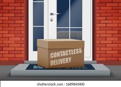 Contactless delivery left at the door during the quarantine. House entrance with delivered box. Control Epidemic Prevention measures of coronavirus. Vector Illustration