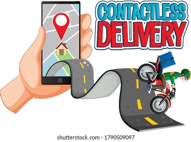Contactless delivery logo with bikeman or delivery man riding illustration