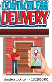Contactless delivery logo with hand using smartphone and delivery man illustration