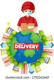 Contactless delivery logo with delivery man on the earth illustration