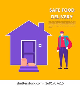 Contactless delivery.  Male character with bag for food delivery in medical mask. courier. Goods are delivered to the door to prevent the spread of the coronavirus. Concept of quarantine 