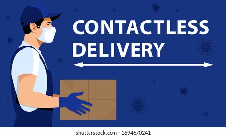Contactless delivery. Delivery man or courier in a medical mask and gloves delivering box. Online purchases during a quarantine. 