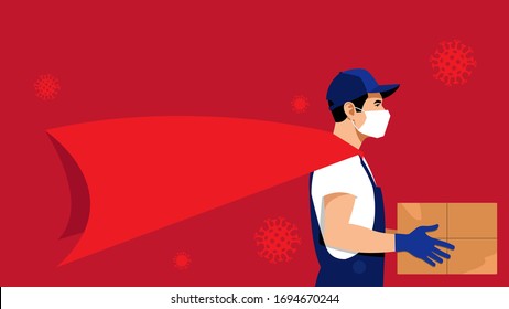 Contactless delivery. Delivery man or courier in a medical mask and gloves delivering box. Online purchases during a quarantine. 