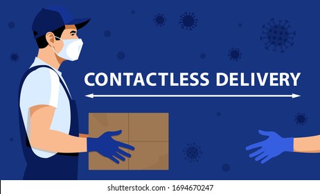 Contactless delivery. Delivery man or courier in a medical mask and gloves delivering box. Online purchases during a quarantine. 