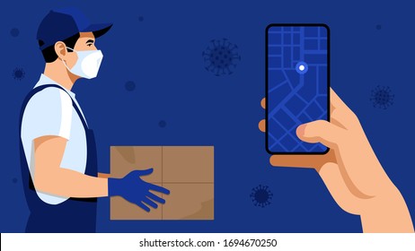 Contactless delivery. Delivery man or courier in a medical mask and gloves delivering box. Online purchases during a quarantine. 