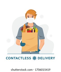 Contactless delivery. Delivery man / courier in a medical mask and gloves with paper bag. Non-contact delivery service. Self isolation lifestyle. Express grocery delivery. Covid-19