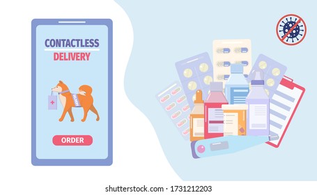 Contactless delivery of medicine and pharmacy. Safe way to order and buy medication, pills. Healthcare and treatment from home during coronavirus epidemic and quarantine. Vector illustration.