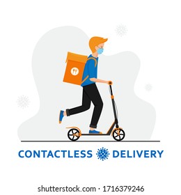 Contactless delivery on push scooter during coronavirus outbreak. Courier in a medical mask on scooter with parcel box on the back delivering food. Ecological fast free delivery concept in flat design