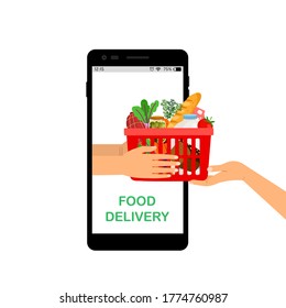 Unberührte Lieferung. Online-Lebensmittelgeschäft, mobile App für den Supermarkt. Hände, die Lebensmittelkörbe halten Vektorgrafik