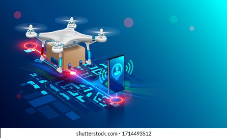 Contactless delivery of order by drone. White 3d UAV flies with box, using gps place mark of geolocation buyer over flight path on city map. Air shipping home of web ordered on phone in internet store