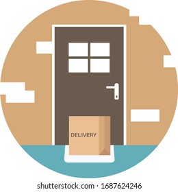 Contactless delivery. Package is next to the door to the house in flat style. Goods are delivered to the door. Stay at home concept. Concept of quarantine and prevention of spread of coronavirus.