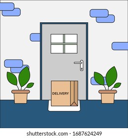 Contactless delivery. Package is next to the door to the house in flat style. Goods are delivered to the door. Stay at home concept. Concept of quarantine and prevention of spread of coronavirus.