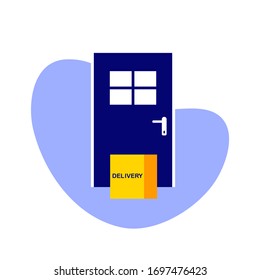 Contactless delivery. Package is next to the door to the house in flat style. Goods are delivered to the door. Stay at home concept. Concept of quarantine and prevention of spread of coronavirus.