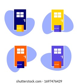 Contactless delivery. Package is next to the door to the house in flat style. Goods are delivered to the door. Stay at home concept. Concept of quarantine and prevention of spread of coronavirus.