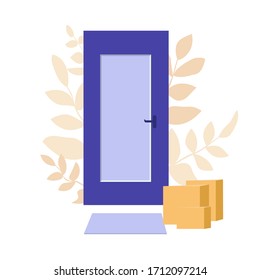 Contactless delivery. Package is next to the door to the house in flat style. Goods are delivered to the door. Stay at home concept. Concept of quarantine and prevention of spread of virus.