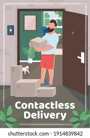 Contactless delivery poster flat vector template. Receiving food after online shopping. Brochure, booklet one page concept design with cartoon characters. Products during pandemic flyer, leaflet