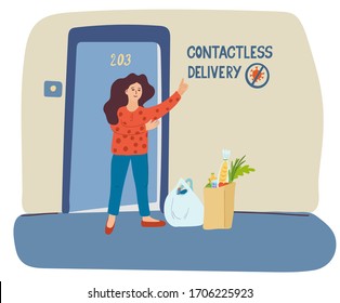 Contactless delivery poster. Hand drawn vector lettering and illustration of a woman and  bags with food. She has received her order without contacting a courier. Isolated on white. Pandemic theme.