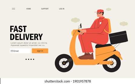 Contactless delivery service for commercial and private interests web banner, landing page. Courier on scooter with thermal bag delivering food or fastfood to client. Fast package delivery.