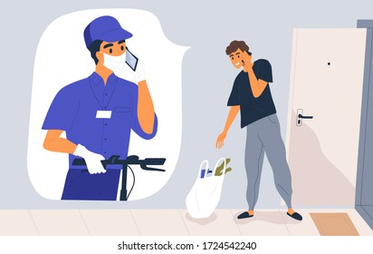 Contactless delivery service concept. Courier in medical mask and gloves call the customer. Man receiving grocery bag during pandemic. Safe shipping. Vector illustration in flat cartoon style