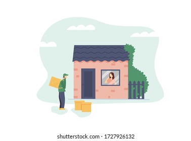 Contactless delivery service concept. Courier call the customer. Woman receiving grocery bag parcel during pandemic and answering phone from house. Safe shipping. Flat cartoon vector illustration.