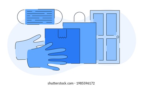 Contactless delivery service during pandemic safe shipping concept vector flat illustration. Abstract medical mask and gloves carrying box paper package with food to door isolated.