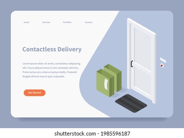 Contactless delivery service during pandemic concept landing page isometric vector flat illustration. User interface for order food and drink isolated. Distance delivering to door with paper package.