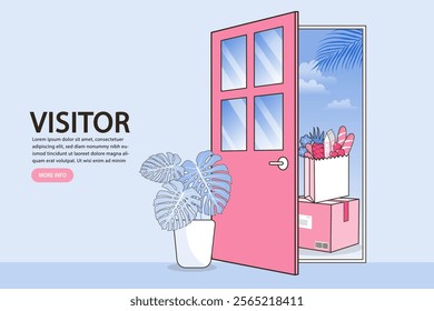 Contactless delivery service. Goods and food are delivered from behind the door. food delivery service. Internet e-commerce. Trendy design vector illustration.