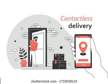 Contactless delivery service. Online delivery phone concept. Flat vector illustration.