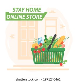Contactless delivery service, online store. The grocery basket is located next to the door to the house. Online delivery, quarantine concept. Flat vector illustration.
