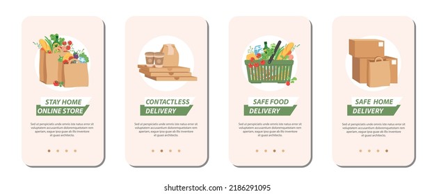 Contactless delivery service. Safe home delivery. Grocery purchases set, food basket, fast food, carton boxes. Vector Illustration for mobile apps, social media posts.