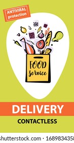 Contactless delivery template logo, poster, banner with food in pocket.  Antiviral protection. Untouchable delivery box for epidemic control prevention measure of coronavirus. 