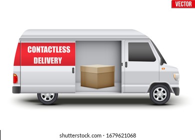 Contactless delivery van with cardboard box inside. Bus with Contactless delivery tag on door. Vector illustration Isolated on white background.