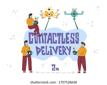 Contactless delivery vector lettering. People in masks and gloves control drones. Coronovirus covid-19 concept. Banners, card tamplates.