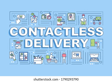 Contactless delivery word concepts banner. Infographics with linear icons on blue background. Order food online. Use digital payments. Isolated typography. Vector outline RGB color illustration