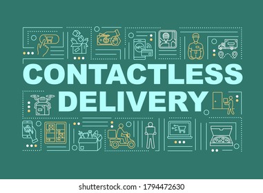 Contactless delivery word concepts banner. Infographics with linear icons on blue background. Smart product transportation to customs. Isolated typography. Vector outline RGB color illustration