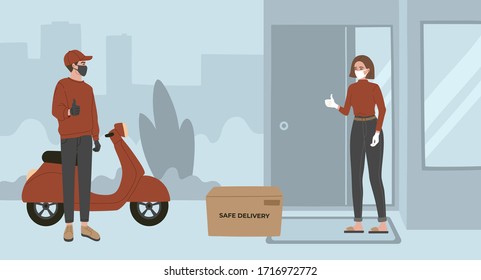 Contactless delivery, a young courier in a respiratory medical mask and gloves left the package at a safe distance. near house. Vector illustration, flat style. 