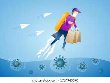 Contactless express delivery. Online shopping. Courier in medical mask gloves and cap flying on yellow rocket holding groceries packages. Epidemic MERS-CoV virus 2019-nCoV. Vector flat illustration.