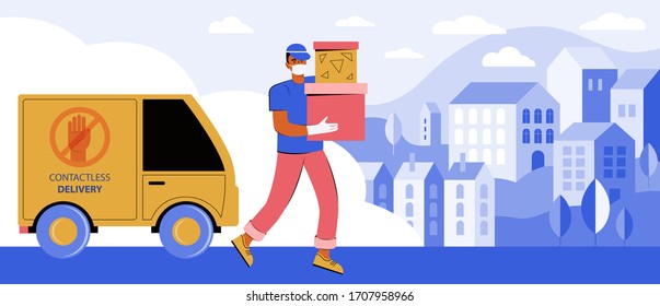 Contactless Express delivery of orders to the door of a house. Courier in a medical mask and gloves delivers the order in a car. Volunteer with necessary things for people quarantined at home
