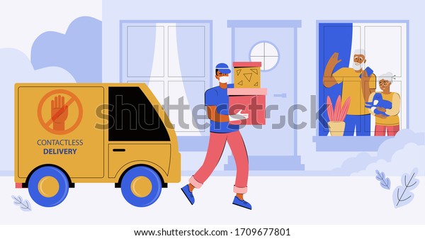 Contactless Express delivery of orders to the door\
of a house or apartment. A courier in a medical mask and gloves\
delivers the order. Elderly people sit at home in quarantine and\
look out the\
window