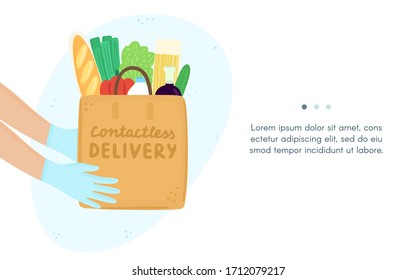 Contactless express safe delivery service. Grocery products bag in gloved hands. Paper package with fresh food from supermarket or restaurant. Care about health. Advertising banner. Vector background