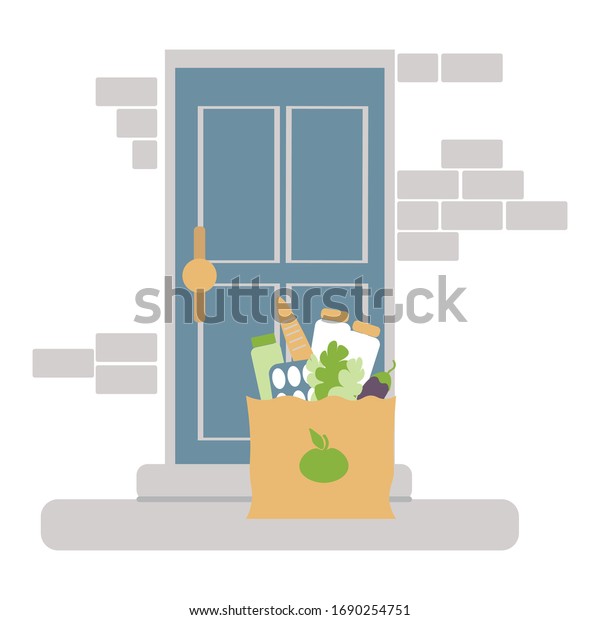 Contactless of food concept.  Vector,\
food bag is on the doorstep. home delivery paper\
bag