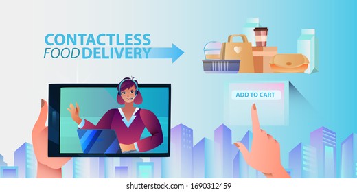 Contactless food delivery banner with female support representative, table,cityscape female hand, food and drinks. E-commerce concept in trendy blue colors with milk, paper bag, coffee, lunch, dessert