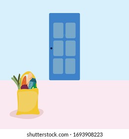 Contactless food delivery during quarantine. Epidemic control and prevention of coronavirus. A bag of food in front of the door. Vector illustration on an isolated background.