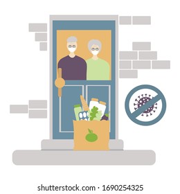  Contactless of Food delivery to the elderly people.  Coronavirus, covid-19  concept. Elderly couple at the door is going to pick up the delivered food. home delivery paper bag