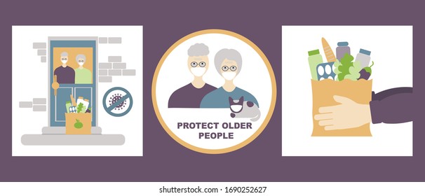  Contactless of Food delivery and protect older  people vector set. Coronavirus, covid-19  concept. Elderly couple at the door is going to pick up the delivered food. 