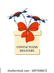 Contactless gift delivery using drones. Concept for advertising and design. Vector.