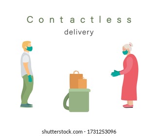 contactless grocery delivery to an elderly woman, courier in a medical mask and gloves delivered packages and remained at a distance, side view, flat vector illustration isolated on white background