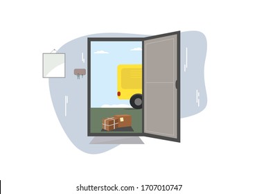Contactless home delivery concept. Box of goods at the front door